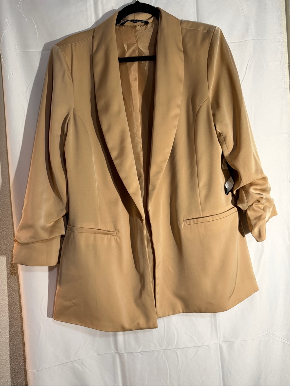 Womens Satin Tan Open-Front Blazer Jacket